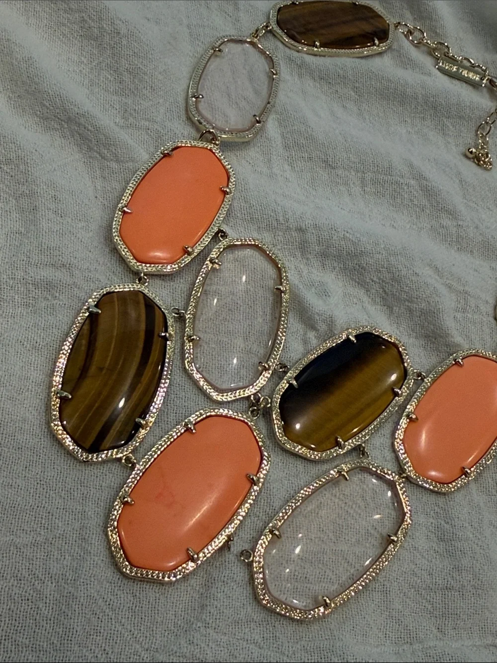 Kendra Scott drea statement necklace tiger's eye, clear quartz, opaque coral